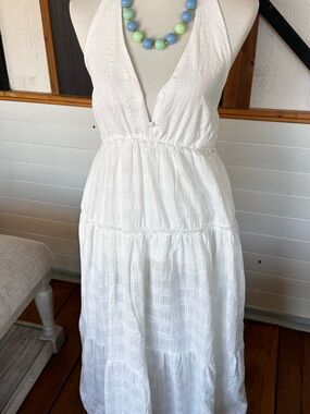 NWT Fusionista White Halter Maxi Dress M Tiered Lace Boho Beach Bridal